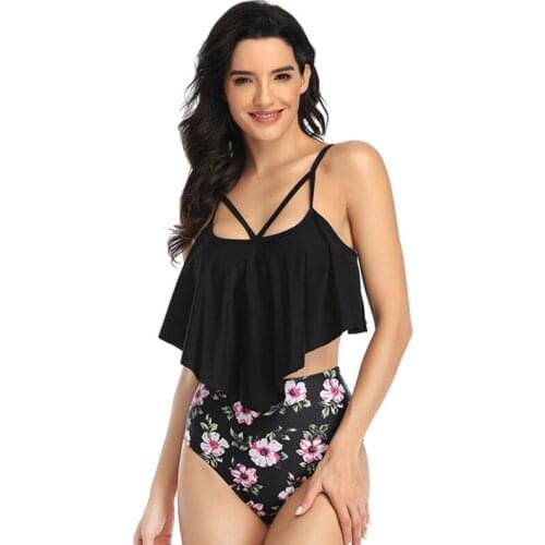 Womens High Waist Bikini Multicolor Ruffle Cover Belly Split Swimsuit