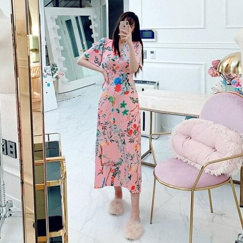 New arrival fashion a-line long dress women elegant summer office lady temperament work style sweet print pink beach dress