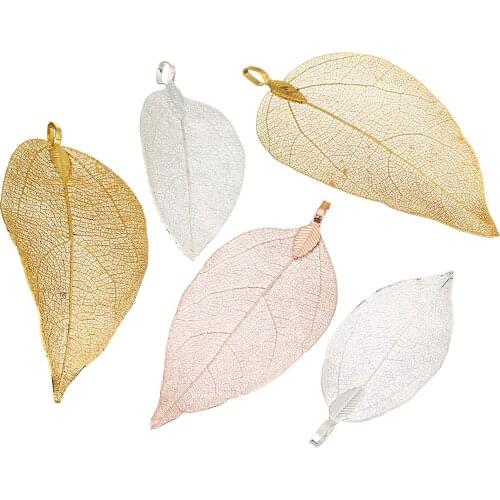 2pcs/lot Copper Hollow Big Leaves Vein Charms Pendant 4*6cm Rose Gold Silver Color for DIY Necklace Choker Making Finding