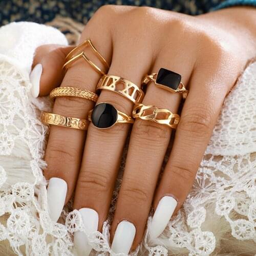 7pcs/set Vintage Wave Letter Rings for Women Girls Gothic Symbol Rings Jewelry Gift