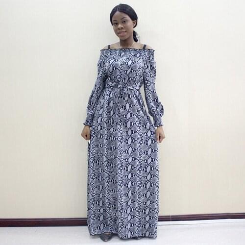 African Autumn Long Sleeve Womens Dress Cotton Assorted Bohemian Print Slash neck for Ladies Dress