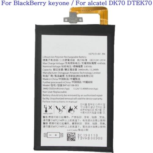 1x 3440mAh / 13.24Wh BAT-63108-003 Battery For BlackBerry keyone TLP034E1 For alcatel DK70 DTEK70 Batteries