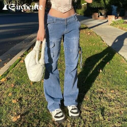 SUCHCUTE Streetwear y2k Fashion Drawstring Denim Pants For Women Korean Style Casual 90s Straight Trousers With Sashes Harajuku
