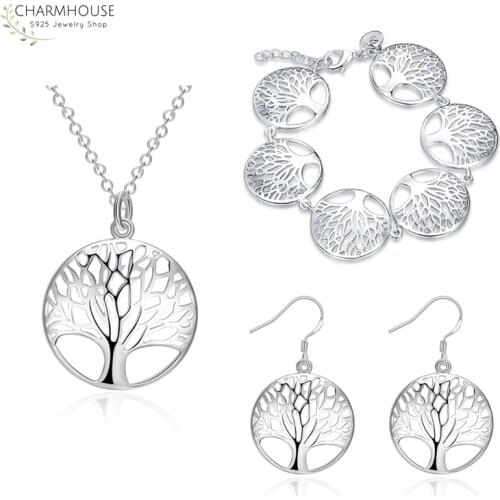 Charmhouse Silver 925 Jewelry Sets For Women Tree Life Pendant Necklace Bracelet Earring 3 PCS Set Wedding Bridal Jewelry Gifts