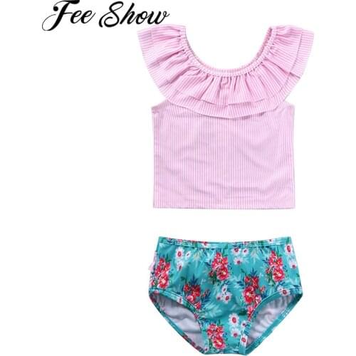 Kids Girls Two Piece Swimwear Bathing Suit Beachwear Tankini Set Swimsuit Pink Stripe Ruffle Top with Floral Print Bikini Bottom