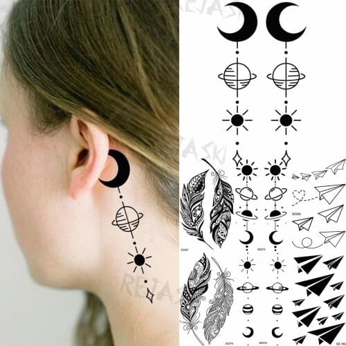 Little Moon Universe Sun Temporary Tattoos For Women Adult Feather Paper Airplane Fake Tattoo Sticker Ear Fashion Washable Tatoo