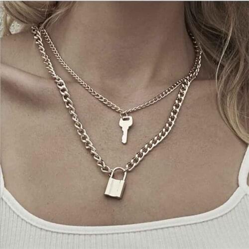 Fashion Trendy Sliver Color Lock Key Pendants Choker Necklace For Woman 2020 New Vintage Multilayer Boho Necklace Jewelry Male