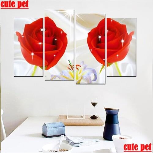 4PCS 5D Diamond Red rose Paintingfull Round square Diamond Painting Mosaic DIY Cross Stitch Kit Diamonds Embroidery Home Decor