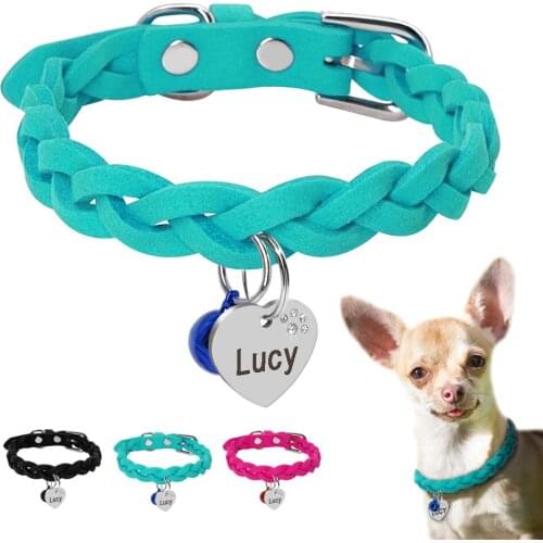 Suede Cat Puppy Collar Tag Set Personalized and Customised Dog Collars Tags Set For Small Pets Pink Blue Black