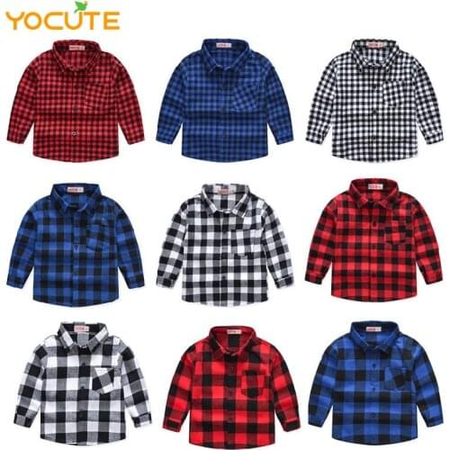 Spring Autumn New Baby Boys Clothes Kids Girls Shirts Long Sleeve School Clothes Plaid Cotton Turndown Collar Button Casual Tops