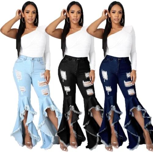 Ripped Hole Flare Jeans Women Bell Bottom Jean Fashion High Waist Wide Leg Pants 2021 Summer Tassel Denim Trousers