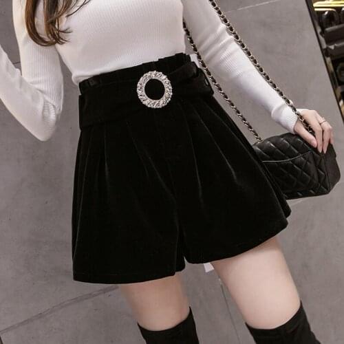 Black Velvet Shorts Women Diamond High Waist A-Line Wide Leg Femme Shorts Autumn Winter Lady Elegant Short Pants shorts feminino