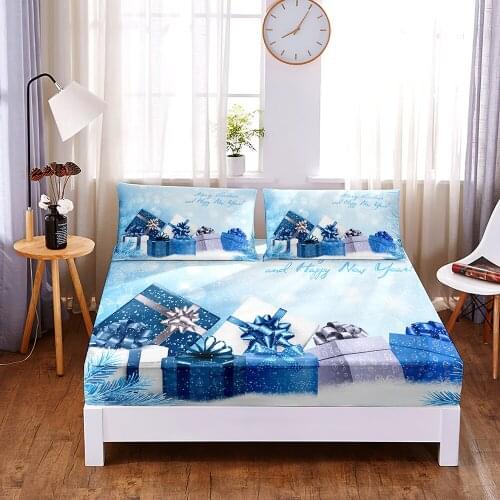 Blue Gift Digital Printed 3pc Polyester Fitted Sheet Mattress Cover Four Corners with Elastic Band Bed Sheet Pillowcases