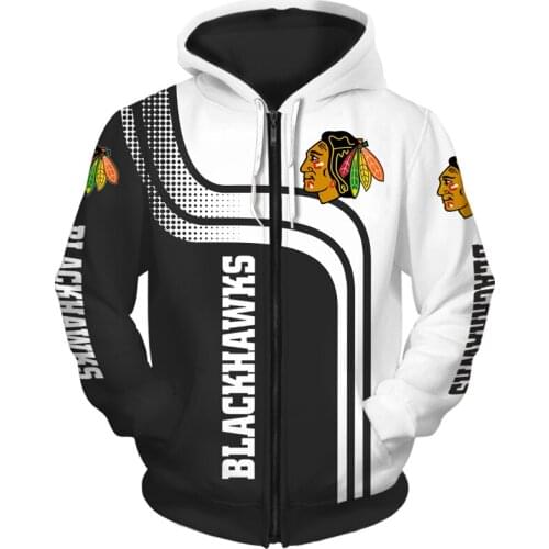 Chicago mens Fashion Long Sleeve 3D Blackhawks Zip Hoodies Black And White Stitching Color Graffiti Face Print Sweatshirt