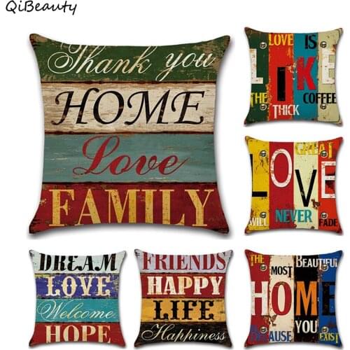 QiBeauty Vintage Mediterranean Hand-Painted Letters Cushion Cover Linen Throw Pillow Car Home Decoration Decorative Pillowcase
