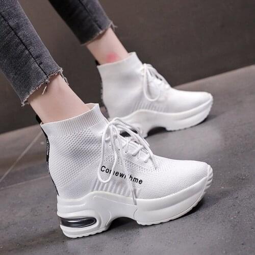 High top sneakers women breathable socks shoes for women elastic stretch boots Light chunky platform sport shoes women white