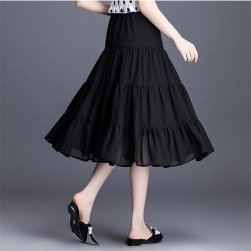 Elastic High Waist Women Chiffon Long Skirt Ladies Casual Loose Ruffles A-Line Skirts Office Elegant Skirts Plus Size M-8XL