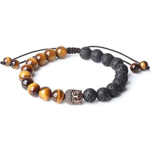 FYSL Copper Buddha Head Connect Many Colors Stone Round Beads Elastic Bracelet Religious Style Jewelry