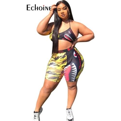 Echoine Summer Sexy Colorful Print Women Two Piece Set Spaghetti O Neck Sleeveless Crop Top Biker Shorts Tracksuit plus size 4XL