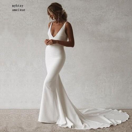 Sexy Simple Mermaid Wedding Dress 2021 Boho V-neck Open Back Elastic Wedding Gown Long Train Buttons Bridal Dress Robe De Mariee