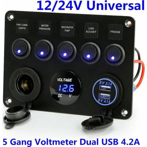 5 Gang 2 USB ON-OFF Charger 12V for Car Marine Boat Waterproof Switch Panel 12V Fit RV Truck Camper Car Boat Marine Charger