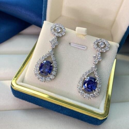 100% 925 Sterling Silver Sparkling High Carbon Diamond Tanzanite Drop Earrings For Women Wedding Party Birdal Party Fine Jewelry