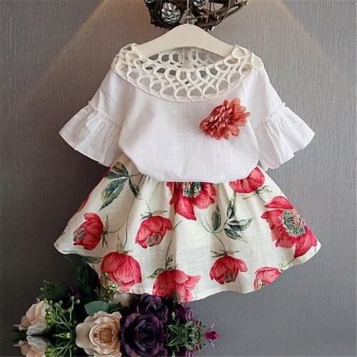 2018 childrens wear summer 2 sets new female baby hollow horn sleeve blouse flower skirt suit