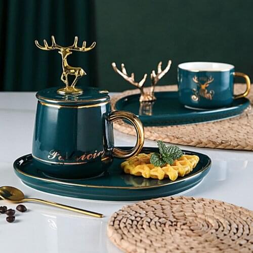 380ml British Art Luxury Ceramic Deer Coffee Cup and Saucer Home Dark Green Phnom Penh Afternoon Tea Cup Breakfast Dessert Dish
