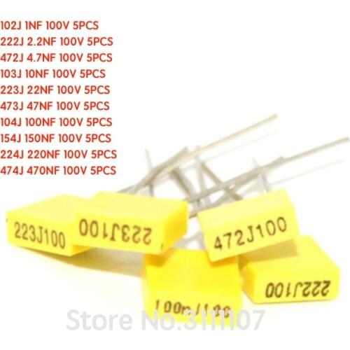 50PCS/LOT 1nF-0.47uF Set 10 Value Correction capacitor package kit Polypropylene Safety Plastic Film Capacitor Kit NEW