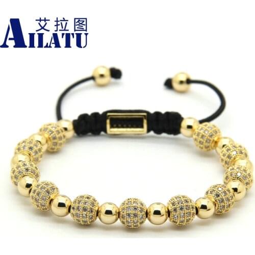 Ailatu New Arrival 8mm Round Copper Micro Inlay Zircon Ball Braiding Mens's Gift Bracelet