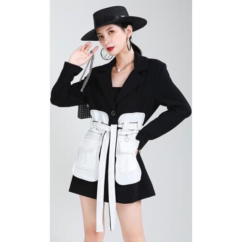 Patchwork Lace Up Bowknot Blazer For Women Notched Long Sleeve Tunic Casual Jacket Female 2020 Autumn Fashion New Clothing K992