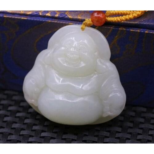 Big Treasure Chinese Vintage Hetian White Old Jade Laughing Buddha Pendant Carving Amulet $$$ Timestown 20201126A