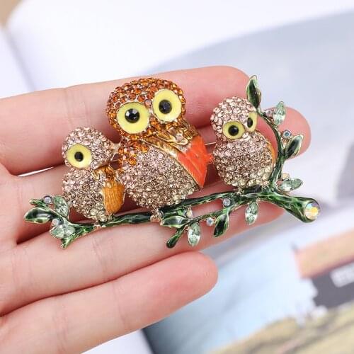 3 cute owls on the tree rhinestone bird brooch ladies fashion jewelry gift 2 colors