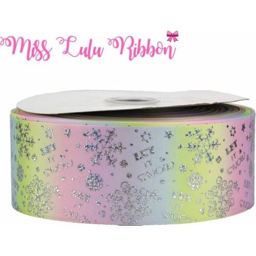 3"75mm Snowflake Hologram Silver Foil Gradient Color Printed Grosgrain Ribbon "Let it Snow" DIY Gift Bowknots Pack 50yards/roll