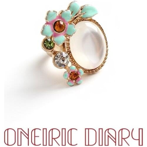 ONEIRIC DIARY Lovely Romantic and Fresh Glaze Flower Ring Literature Art Artificial Stones Party Jewelry