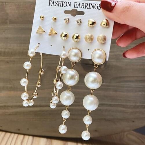 Fashion Imitation Pearl Circle Round Tassel Earrings Set Elegant Geometric Gold Triangle Heart Earrings Party Wedding Jewelry