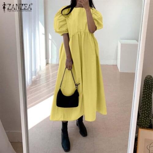 Fashion Women Dresses ZANZEA 2021 Summer Patchwork Maxi Vestidos Casual Solid Puff Sleeve Sundress Ladies Loose Robe
