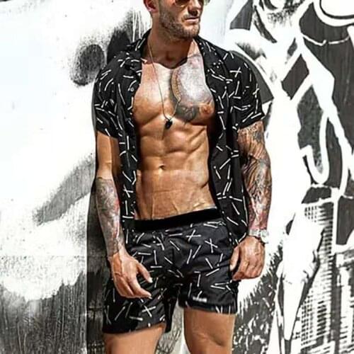 2021 Summer New Men Hawaiian Sets Printing Short Sleeve Button Shirt And Beach Shorts Streetwear Casual Mens Suit 2 Pieces