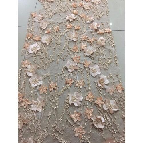 New pattern 5yards/bag CH214# Apricot pink flowers and pearls lace fabric for bridal wedding dress/sawing Free shipping