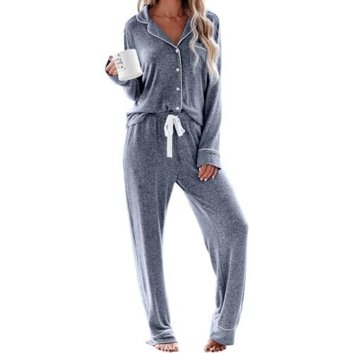 Blue/Pink/Gray Sound Asleep Button Down Pajama Two Piece Set Womens Lightweight Fabric Casual Sleepwear Home 2 Pieces Suits 2XL