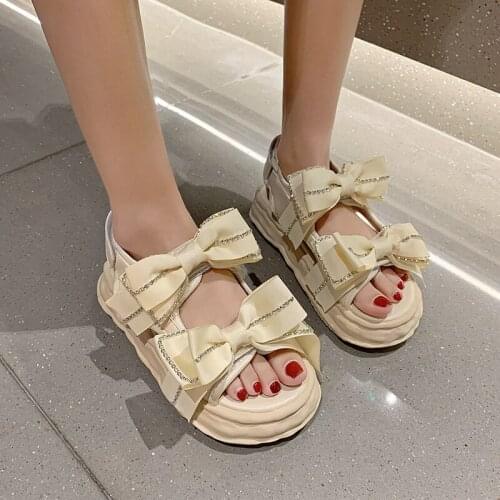 Crystal Bow Platform Sandals Women Thick Sole Sandals Women Shoes Summer Outdoor Sweet Open Toe Velcro Sandals Black Beige