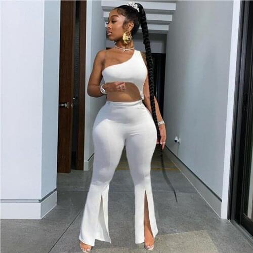 2021 Summer Women Clothing Sexy Slanted Shoulder Split Sleeveless Tube Top Pants Matching Nightclub Club Outfits Wholesale Items