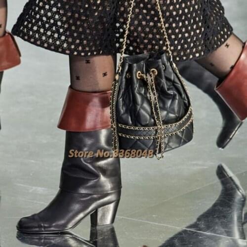 Medium Block Heel Boots Round Toe Mid-Calf Turn Over New Arrivals Runway Women Boots Winter Leather Folded Black Winter Boots