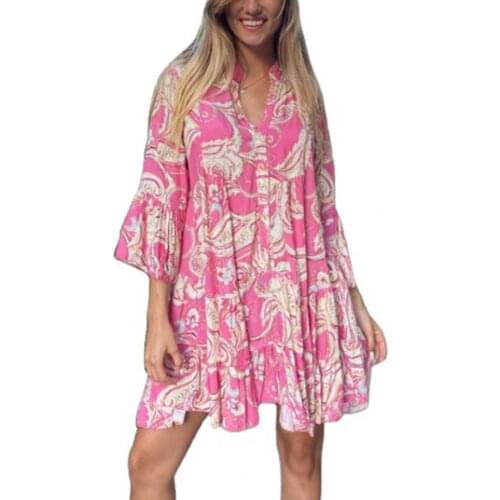 Vintage Women Dresses Stand-up Collar Long Sleeve Leisure Flared Sleeve Ethnic Printing Ruffle Loose Dress