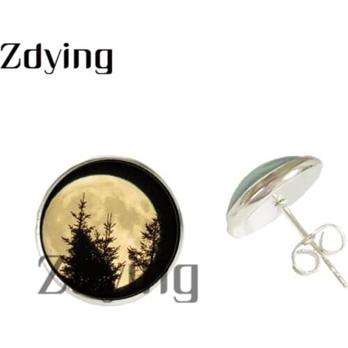 Zdying Fashion Night Moon Tree Silhouette Stud Earring Glass Photo Cabochon Dome Earring For Womens Party Jewelry SH037