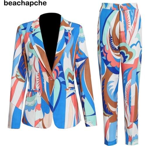 Beachapche 2021 New High Quality Women Set Lapel Long Sleeve Single Button Blazer & Pencil Pants Elegant Print Two-piece Set