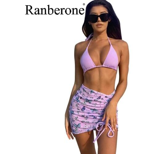Women Triangle Three-Piece Suit Sexy Bikini With Skirt Swimsuit Female Swimwear Print Biquini Bathing Suits Summer Beach Wear