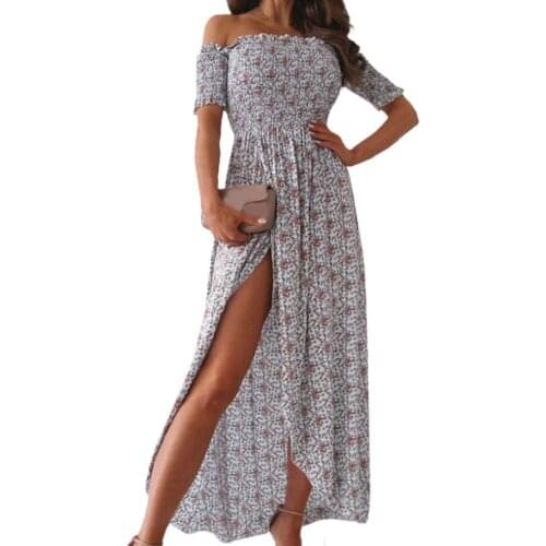 Women Fashion Off Shoulder Graceful Sexy Dress Floral Print Slim High Split Short Sleeve Maxi Dress for Party