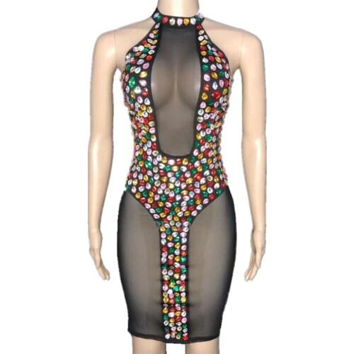 Sexy Off Shoulder Black See Through Rhinestones Dress Women Birthday Banquet Evening Prom Multi-color Crystals Bodycon Dresses