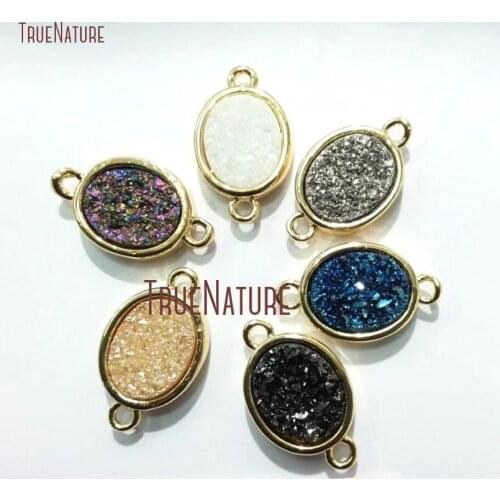10Pcs Mix Color Druzy Crystal Gold Color Oval Shape Connector Copper Double Bail Pendant Sale 8x10mm PC13550